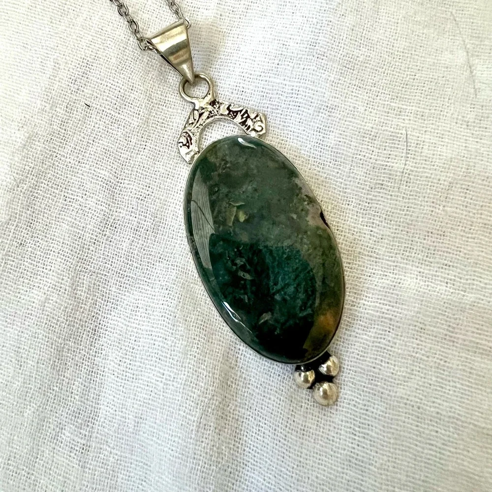 925 Earth Stone MOSS AGATE Pendant Necklace